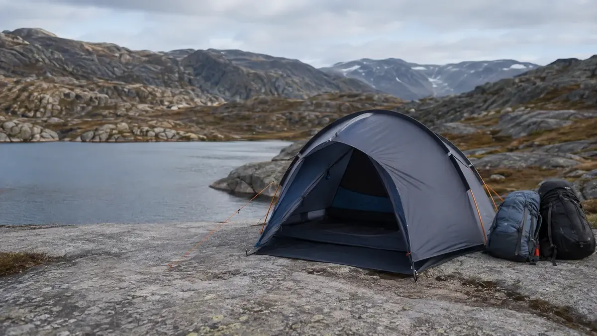 Kompakt tomannstelt og to sekker ved et fjellvann