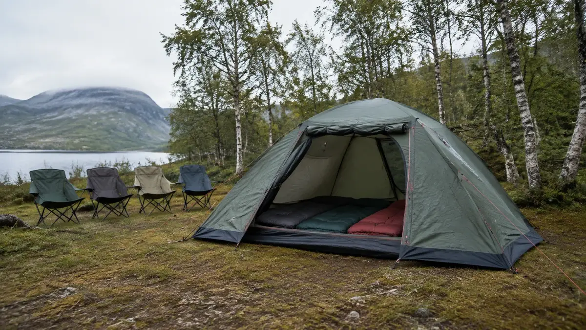 Firemannstelt ved en norsk innsjø med fire leirstoler ved siden av