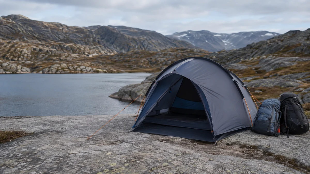 Kompakt tomannstelt og to sekker ved et fjellvann