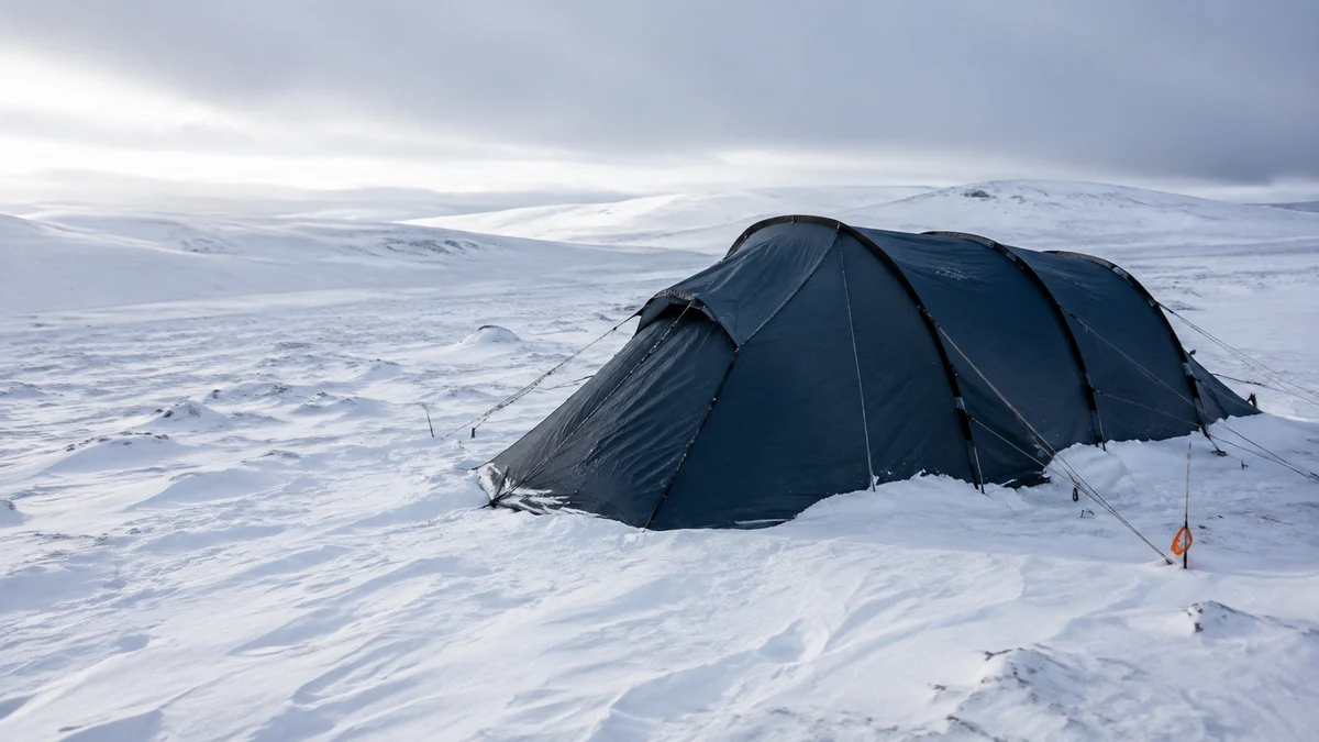 Firesesongstelt godt bardunert på en snødekt fjellvidde